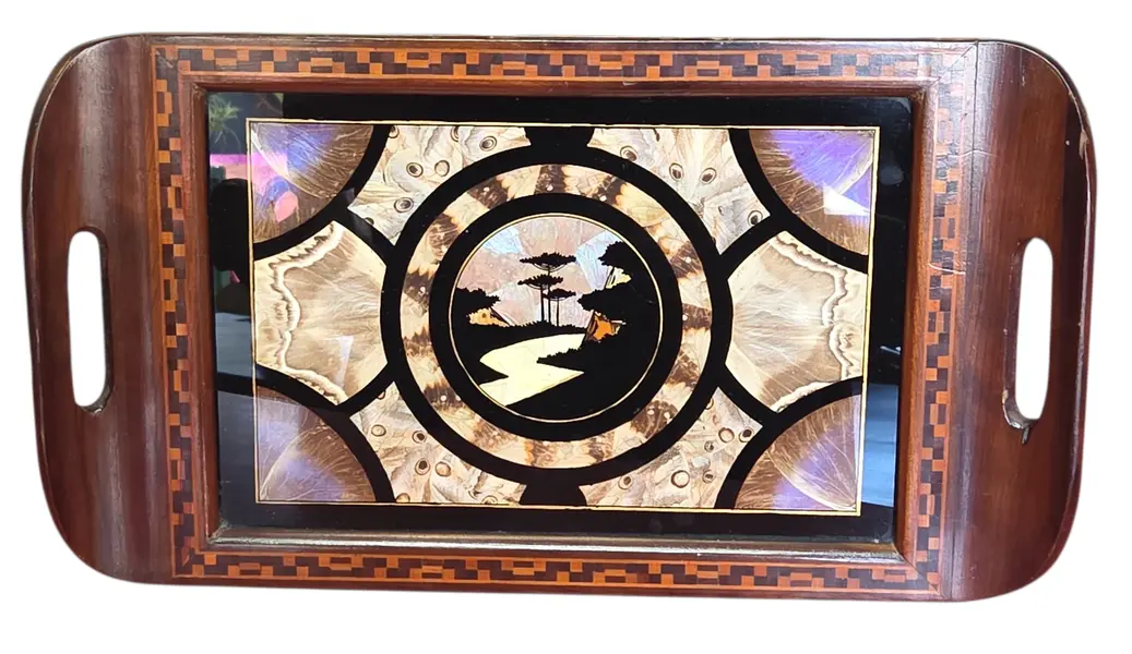 Foto de um(a) Bandeja de Época com Marchetaria e Arte em Asas de Borboleta – Zipperer, da categoria de Bandejas. Esta é uma peça de colecionismo icônica, um testemunho da artesania catarinense de meados do século XX. O selo parcial no... Mostrado de uma perspectiva diferente. Vendido no marketplace Trésors.