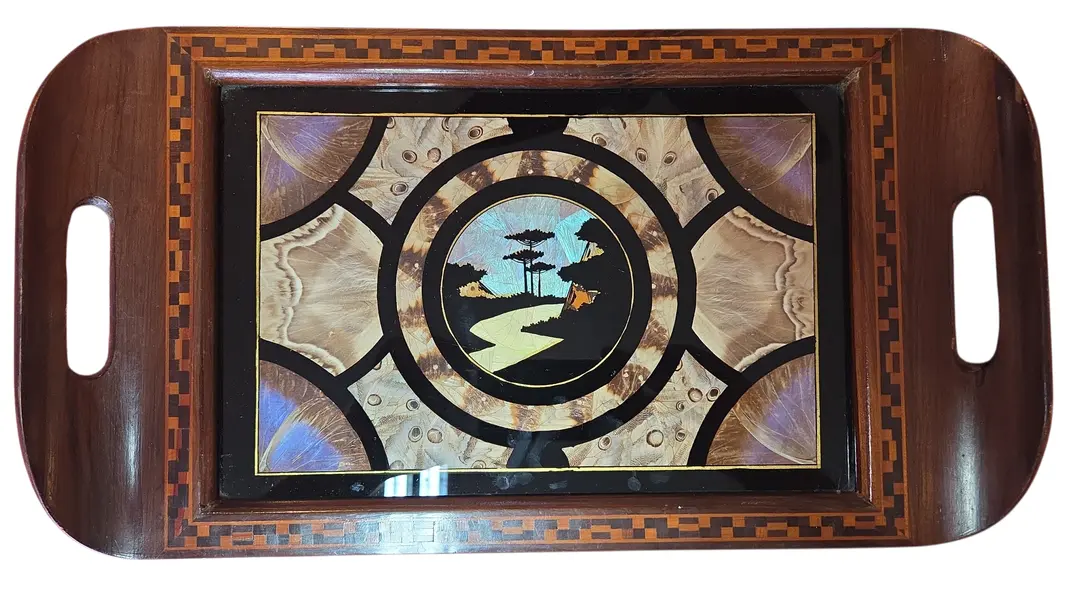 Foto de um(a) Bandeja de Época com Marchetaria e Arte em Asas de Borboleta – Zipperer, da categoria de Bandejas. Esta é uma peça de colecionismo icônica, um testemunho da artesania catarinense de meados do século XX. O selo parcial no... Mostrado de uma perspectiva diferente. Vendido no marketplace Trésors.