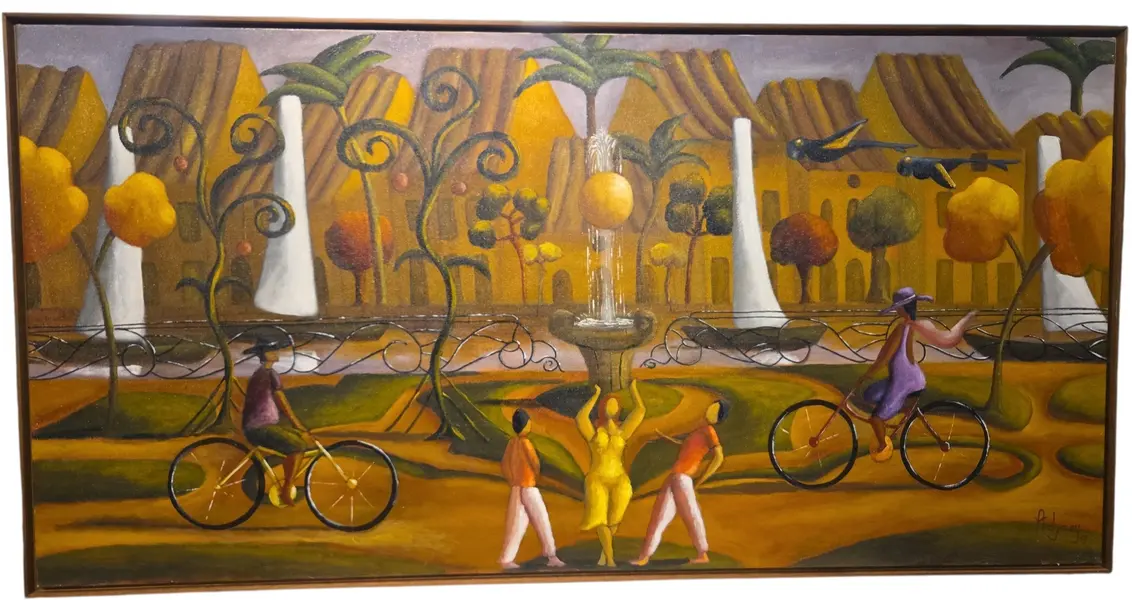 Foto de um(a) Quadro Pintura Óleo Sobre Tela "Pessoas na Praça" - Adjacy (2017), da categoria de Pinturas. Uma obra de arte fascinante e cheia de vida, assinada pelo artista Adjacy e datada de 2017. A pintura se destaca por sua... Mostrado de uma perspectiva diferente. Vendido no marketplace Trésors.