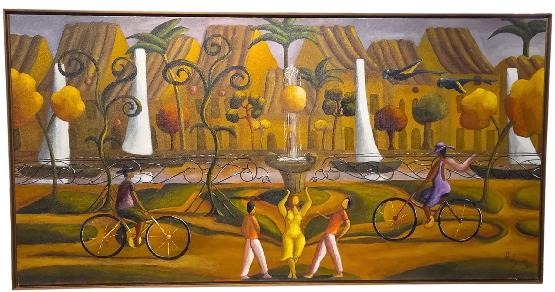 Foto de um(a) Quadro Pintura Óleo Sobre Tela "Pessoas na Praça" - Adjacy (2017), da categoria de Pinturas. Uma obra de arte fascinante e cheia de vida, assinada pelo artista Adjacy e datada de 2017. A pintura se destaca por sua... Vendido no marketplace Trésors.