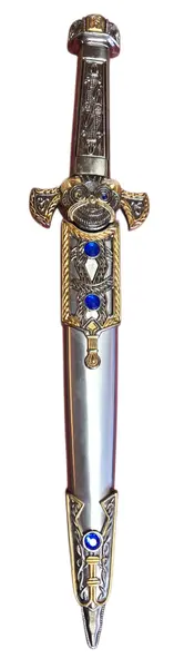 Foto de um(a) Adaga Decorativa de Fantasia com Bainha – Detalhes em Relevo e Cristais Sintéticos Azuis, da categoria de Facas. Adaga decorativa com design inspirado na fantasia épica, apresentando um acabamento refinado em tons de prata e ouro... Mostrado de uma perspectiva diferente. Vendido no marketplace Trésors.