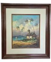 Foto de um(a) Óleo sobre Tela – Paisagem Tropical com Capela e Coqueirais (1994), da categoria de Pinturas. Esta belíssima obra em óleo sobre tela, datada de 1994, apresenta uma cena litorânea serena e rica em texturas, capturando a... Vendido no marketplace Trésors.