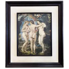 Foto de um(a) Impressão antiga “As Três Graças”, com moldura, da categoria de Arte têxtil. Antiga impressão com moldura de madeira.“As Três Graças”Mede: 62x54cm. Vendido no marketplace Trésors.