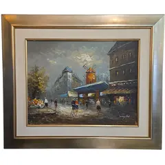 Foto de um(a) Quadro Pintura Óleo sobre Tela "Paris, Moulin Rouge" – Danny Law (Assinado), da categoria de Pinturas. Uma vibrante e nostálgica obra de arte em estilo impressionista assinada por Danny Law, retratando a efervescência das ruas... Vendido no marketplace Trésors.