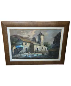 Foto de um(a) Reflexos do Tempo: Vilarejo em Óleo - Pablo Matania, da categoria de Pinturas. Grande artista argentino. Esta belíssima obra de Pablo Matania captura a essência da vida rural com uma sensibilidade única.... Vendido no marketplace Trésors.