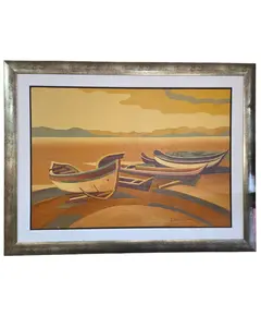 Foto de um(a) Quadro Antigo Belmiro Santos - "Canoas de Pesca", Óleo Original Assinado, da categoria de Pinturas. Belo Óleo sobre Tela de Belmiro Santos – Marinha Modernista em Tons Ocres e Dourados Apresentamos uma encantadora pintura... Vendido no marketplace Trésors.