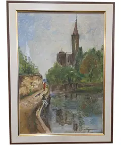 Foto de um(a) Quadro Pintura Óleo Sobre Tela 1963 "Margens do Rio" – Assinado, da categoria de Pinturas. Vendido no marketplace Trésors.