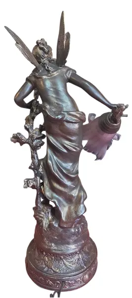 Foto de um(a) Antiga Luminária Escultura Petit Bronze Estilo Art Nouveau - Tulipa em Vidro Acetinado, da categoria de Escultura. Elegância e Arte em uma Peça Única Apresentamos esta magnífica luminária escultura confeccionada em petit bronze, uma peça... Mostrado de uma perspectiva diferente. Vendido no marketplace Trésors.