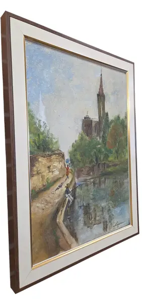 Foto de um(a) Quadro Pintura Óleo Sobre Tela 1963 "Margens do Rio" – Assinado, da categoria de Pinturas. Mostrado de uma perspectiva diferente. Vendido no marketplace Trésors.
