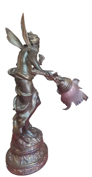 Foto de um(a) Antiga Luminária Escultura Petit Bronze Estilo Art Nouveau - Tulipa em Vidro Acetinado, da categoria de Escultura. Elegância e Arte em uma Peça Única Apresentamos esta magnífica luminária escultura confeccionada em petit bronze, uma peça... Mostrado de uma perspectiva diferente. Vendido no marketplace Trésors.