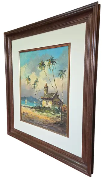 Foto de um(a) Óleo sobre Tela – Paisagem Tropical com Capela e Coqueirais (1994), da categoria de Pinturas. Esta belíssima obra em óleo sobre tela, datada de 1994, apresenta uma cena litorânea serena e rica em texturas, capturando a... Mostrado de uma perspectiva diferente. Vendido no marketplace Trésors.