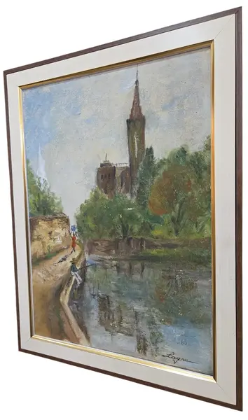 Foto de um(a) Quadro Pintura Óleo Sobre Tela 1963 "Margens do Rio" – Assinado, da categoria de Pinturas. Mostrado de uma perspectiva diferente. Vendido no marketplace Trésors.