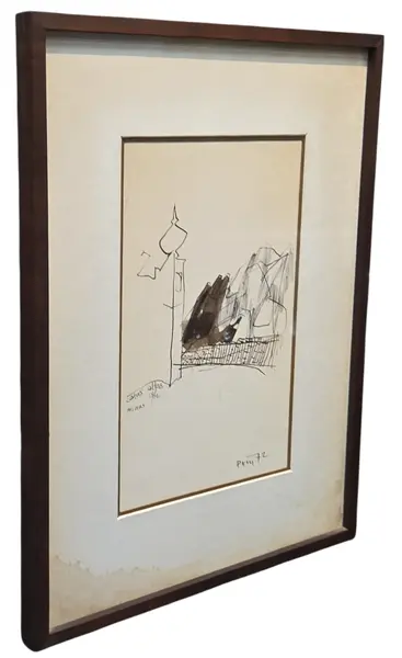 Foto de um(a) Poty Lazzaratto - 1972, da categoria de Pinturas. Desenho de Poty Lazzarotto, com moldura e vidro, 1972. Mostrado de uma perspectiva diferente. Vendido no marketplace Trésors.