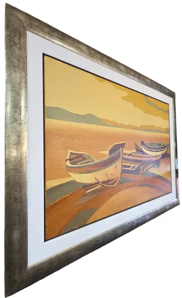 Foto de um(a) Quadro Antigo Belmiro Santos - "Canoas de Pesca", Óleo Original Assinado, da categoria de Pinturas. Belo Óleo sobre Tela de Belmiro Santos – Marinha Modernista em Tons Ocres e Dourados Apresentamos uma encantadora pintura... Mostrado de uma perspectiva diferente. Vendido no marketplace Trésors.