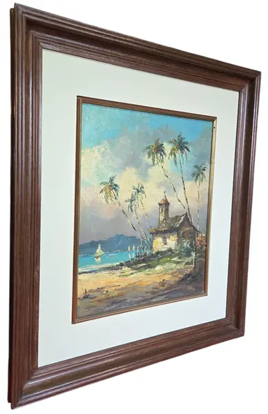 Foto de um(a) Óleo sobre Tela – Paisagem Tropical com Capela e Coqueirais (1994), da categoria de Pinturas. Esta belíssima obra em óleo sobre tela, datada de 1994, apresenta uma cena litorânea serena e rica em texturas, capturando a... Mostrado de uma perspectiva diferente. Vendido no marketplace Trésors.