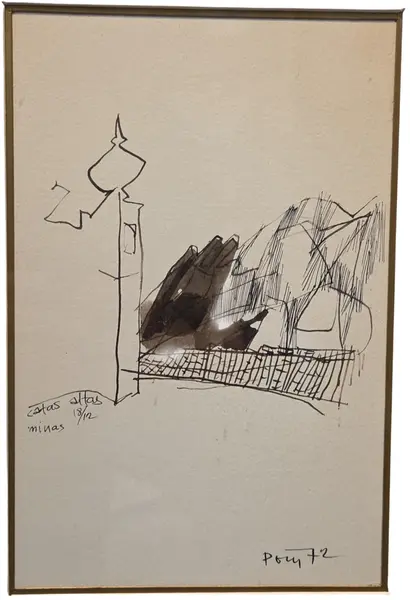 Foto de um(a) Poty Lazzaratto - 1972, da categoria de Pinturas. Desenho de Poty Lazzarotto, com moldura e vidro, 1972. Mostrado de uma perspectiva diferente. Vendido no marketplace Trésors.