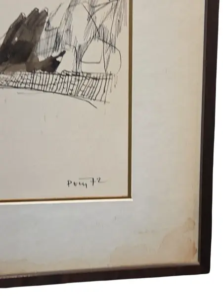Foto de um(a) Poty Lazzaratto - 1972, da categoria de Pinturas. Desenho de Poty Lazzarotto, com moldura e vidro, 1972. Mostrado de uma perspectiva diferente. Vendido no marketplace Trésors.