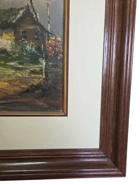 Foto de um(a) Óleo sobre Tela – Paisagem Tropical com Capela e Coqueirais (1994), da categoria de Pinturas. Esta belíssima obra em óleo sobre tela, datada de 1994, apresenta uma cena litorânea serena e rica em texturas, capturando a... Mostrado de uma perspectiva diferente. Vendido no marketplace Trésors.