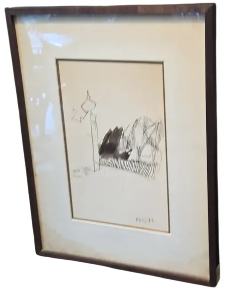 Foto de um(a) Poty Lazzaratto - 1972, da categoria de Pinturas. Desenho de Poty Lazzarotto, com moldura e vidro, 1972. Mostrado de uma perspectiva diferente. Vendido no marketplace Trésors.