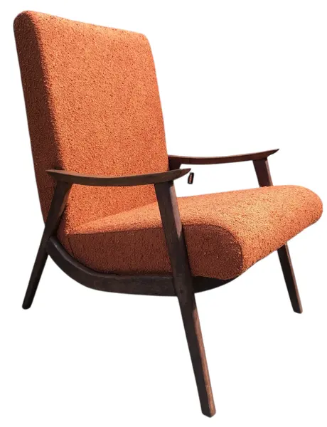 Foto de um(a) Par de Poltronas Modernistas Estofadas em Buclê Laranja Terracota, da categoria de Poltronas. Par de Poltronas Modernistas Estofadas em Buclê Laranja Terracota. Mostrado de uma perspectiva diferente. Vendido no marketplace Trésors.