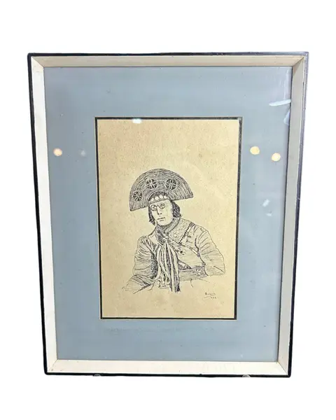 Foto de um(a) Quadro Vintage Lampião Nanquim, da categoria de Molduras para quadros. quadro VINTAGE nanquim sob papel, representando figura de Lampião, assinado Rubens e datado de 1962, com paspatour em tom de... Vendido no marketplace Trésors.