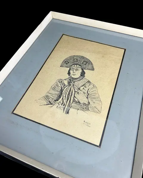 Foto de um(a) Quadro Vintage Lampião Nanquim, da categoria de Molduras para quadros. quadro VINTAGE nanquim sob papel, representando figura de Lampião, assinado Rubens e datado de 1962, com paspatour em tom de... Mostrado de uma perspectiva diferente. Vendido no marketplace Trésors.
