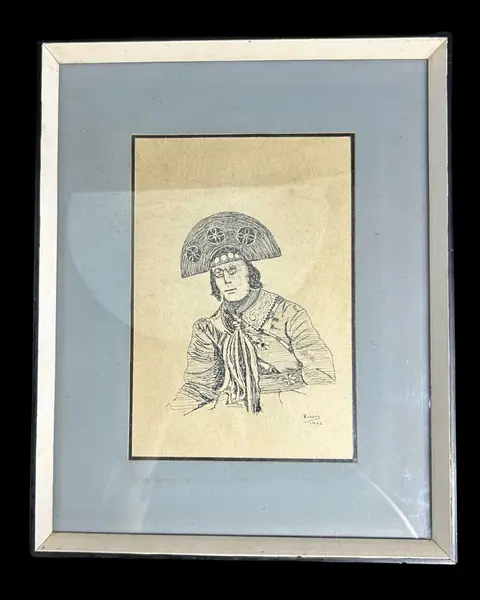 Foto de um(a) Quadro Vintage Lampião Nanquim, da categoria de Molduras para quadros. quadro VINTAGE nanquim sob papel, representando figura de Lampião, assinado Rubens e datado de 1962, com paspatour em tom de... Mostrado de uma perspectiva diferente. Vendido no marketplace Trésors.