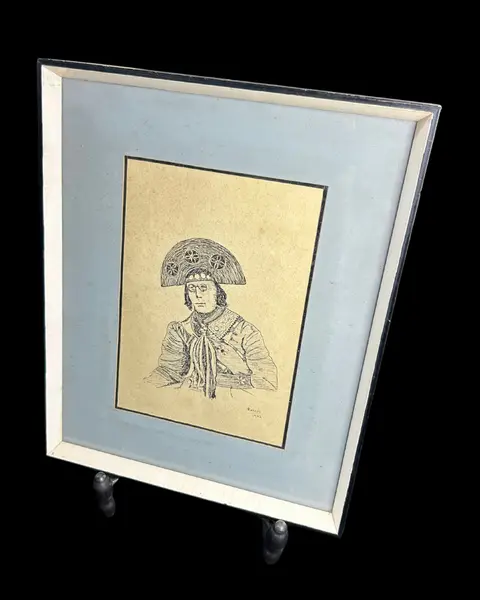 Foto de um(a) Quadro Vintage Lampião Nanquim, da categoria de Molduras para quadros. quadro VINTAGE nanquim sob papel, representando figura de Lampião, assinado Rubens e datado de 1962, com paspatour em tom de... Mostrado de uma perspectiva diferente. Vendido no marketplace Trésors.