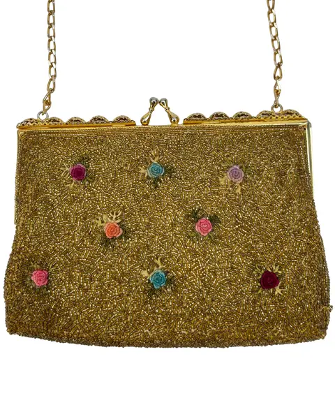 Foto de um(a) Bolsa Vintage Bordada Dourada Mini Rosas, da categoria de Botas. lindíssima bolsa vintage, inteiramente bordada em pedrarias douradas e detalhes de mini rosas bordadas em fio, fecho vovó... Vendido no marketplace Trésors.