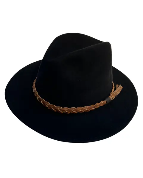 Foto de um(a) Chapéu Fedora Bailey, da categoria de Chapéus. Chapéu Fedora Bailey, americano, em feltro e faixa em couro trançado Cor preto Coroa vincada Cone médio Aba 6cm Banda... Mostrado de uma perspectiva diferente. Vendido no marketplace Trésors.