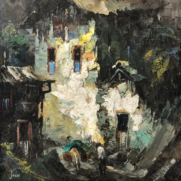 Foto de um(a) Pintura Josan, da categoria de Pinturas. Óleo sobre tela do renomado artista Josan, da época em que ele ainda assinava com S. Mostrado de uma perspectiva diferente. Vendido no marketplace Trésors.
