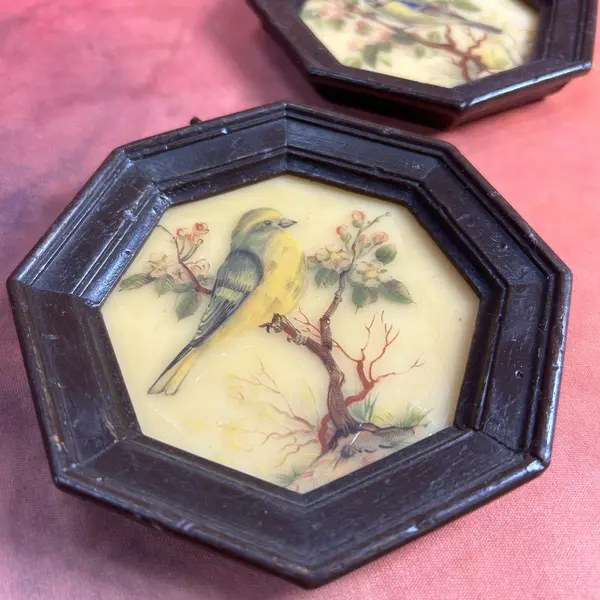 Foto de um(a) Par de mini quadros pássaros em cera, da categoria de Molduras para quadros. par de quadrinhos VINTAGE todo em cera, técnica surpreendente e curiosa de época, contém decalques de passarinhos com camada... Mostrado de uma perspectiva diferente. Vendido no marketplace Trésors.