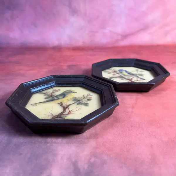 Foto de um(a) Par de mini quadros pássaros em cera, da categoria de Molduras para quadros. par de quadrinhos VINTAGE todo em cera, técnica surpreendente e curiosa de época, contém decalques de passarinhos com camada... Mostrado de uma perspectiva diferente. Vendido no marketplace Trésors.