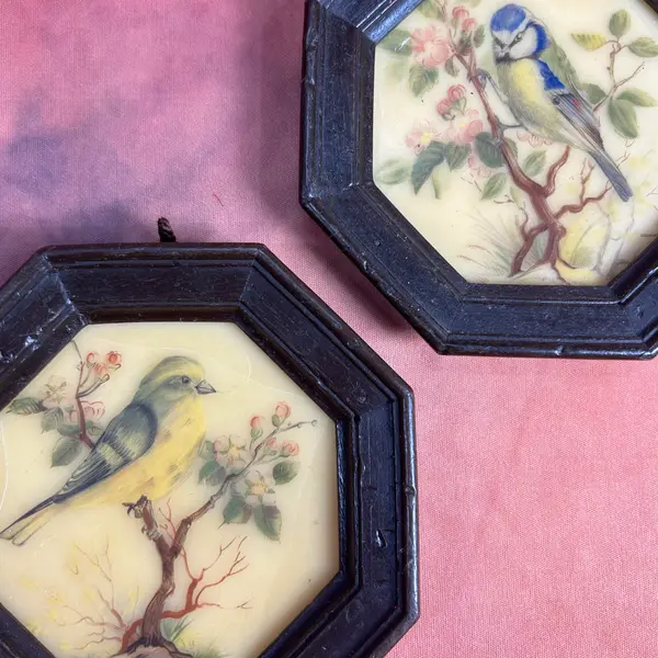 Foto de um(a) Par de mini quadros pássaros em cera, da categoria de Molduras para quadros. par de quadrinhos VINTAGE todo em cera, técnica surpreendente e curiosa de época, contém decalques de passarinhos com camada... Mostrado de uma perspectiva diferente. Vendido no marketplace Trésors.