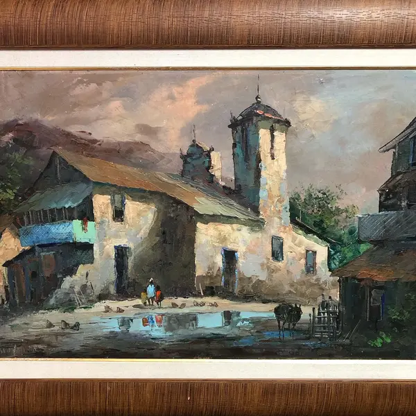 Foto de um(a) Reflexos do Tempo: Vilarejo em Óleo - Pablo Matania, da categoria de Pinturas. Grande artista argentino. Esta belíssima obra de Pablo Matania captura a essência da vida rural com uma sensibilidade única.... Mostrado de uma perspectiva diferente. Vendido no marketplace Trésors.