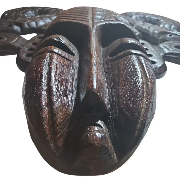 Foto de um(a) Máscara Tribal Decorativa em Madeira Nobre – Entalhe de Serpentes e Simbolismo Africano, da categoria de Objetos de parede esculturais. Esta é uma peça de arte mural imponente e sofisticada, perfeita para colecionadores ou para quem deseja um ponto focal... Mostrado de uma perspectiva diferente. Vendido no marketplace Trésors.