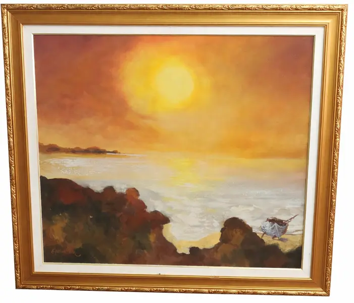 Foto de um(a) “Praia dos Rochedos” – Erico da Silva, da categoria de Pinturas. Belíssimo quadro “Praia dos Rochedos”, de Erico da Silva, retratando uma paisagem litorânea ao entardecer, com o sol intenso... Vendido no marketplace Trésors.