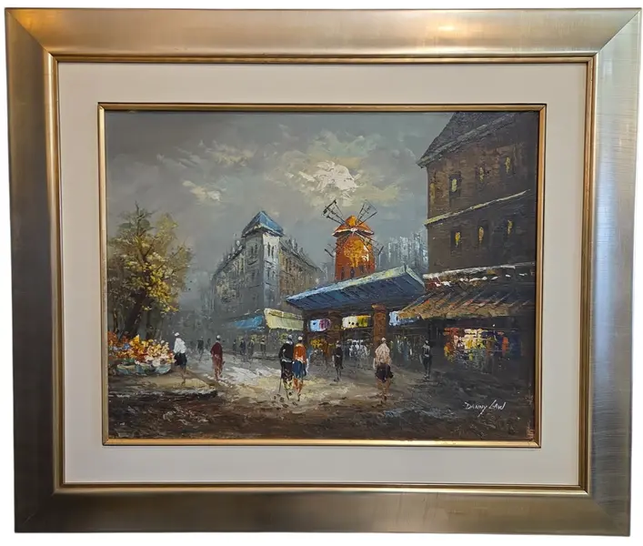 Foto de um(a) Quadro Pintura Óleo sobre Tela "Paris, Moulin Rouge" – Danny Law (Assinado), da categoria de Pinturas. Uma vibrante e nostálgica obra de arte em estilo impressionista assinada por Danny Law, retratando a efervescência das ruas... Vendido no marketplace Trésors.