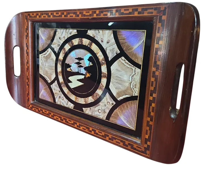 Foto de um(a) Bandeja de Época com Marchetaria e Arte em Asas de Borboleta – Zipperer, da categoria de Bandejas. Esta é uma peça de colecionismo icônica, um testemunho da artesania catarinense de meados do século XX. O selo parcial no... Mostrado de uma perspectiva diferente. Vendido no marketplace Trésors.