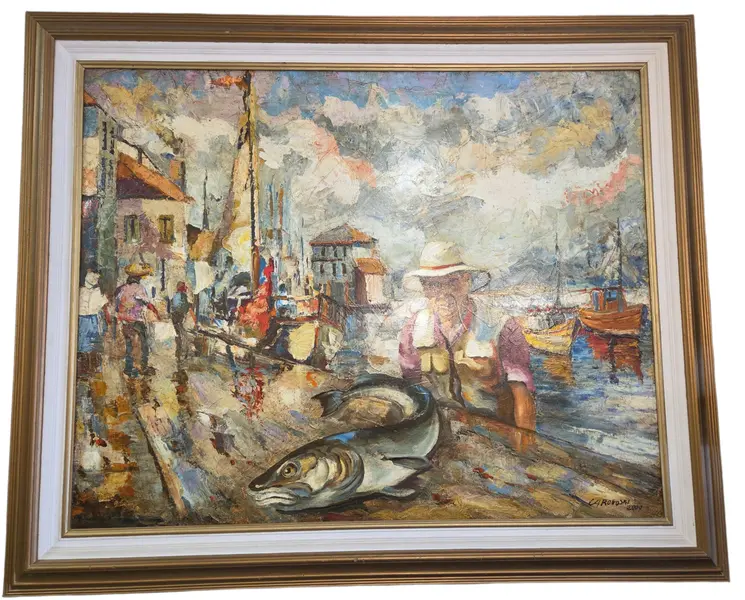 Foto de um(a) Quadro Óleo Sobre Tela "Pescador" - Assinado Por Rogoski, da categoria de Pinturas. Rara e belíssima obra de arte original, executada na técnica óleo sobre tela pelo renomado artista Rogoski. A pintura... Vendido no marketplace Trésors.