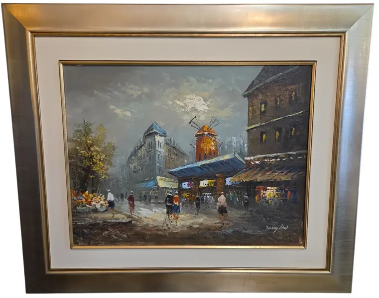 Foto de um(a) Quadro Pintura Óleo sobre Tela "Paris, Moulin Rouge" – Danny Law (Assinado), da categoria de Pinturas. Uma vibrante e nostálgica obra de arte em estilo impressionista assinada por Danny Law, retratando a efervescência das ruas... Mostrado de uma perspectiva diferente. Vendido no marketplace Trésors.