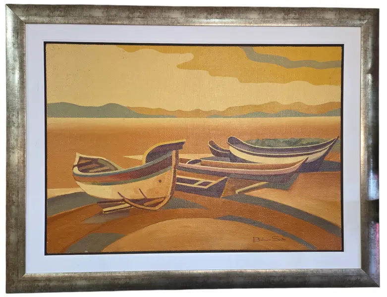 Foto de um(a) Quadro Antigo Belmiro Santos - "Canoas de Pesca", Óleo Original Assinado, da categoria de Pinturas. Belo Óleo sobre Tela de Belmiro Santos – Marinha Modernista em Tons Ocres e Dourados Apresentamos uma encantadora pintura... Vendido no marketplace Trésors.