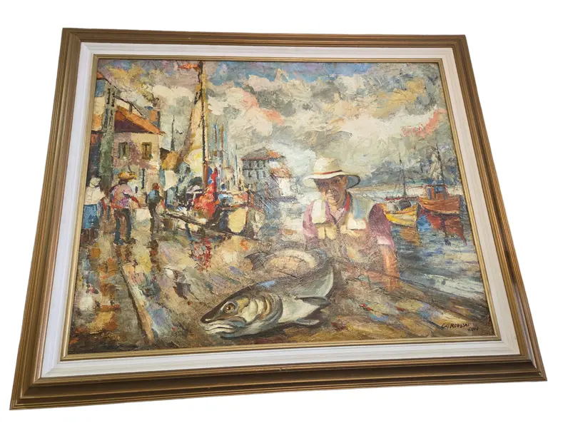 Foto de um(a) Quadro Óleo Sobre Tela "Pescador" - Assinado Por Rogoski, da categoria de Pinturas. Rara e belíssima obra de arte original, executada na técnica óleo sobre tela pelo renomado artista Rogoski. A pintura... Mostrado de uma perspectiva diferente. Vendido no marketplace Trésors.