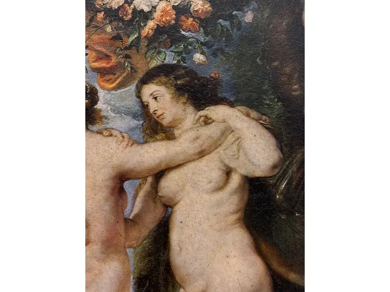 Foto de um(a) Impressão antiga “As Três Graças”, com moldura, da categoria de Arte têxtil. Antiga impressão com moldura de madeira.“As Três Graças”Mede: 62x54cm. Mostrado de uma perspectiva diferente. Vendido no marketplace Trésors.