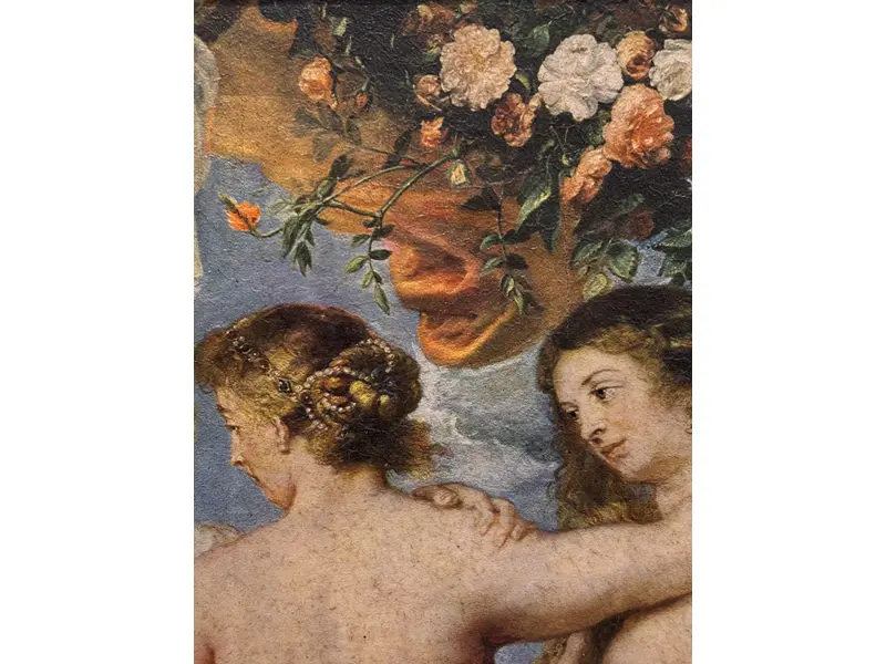 Foto de um(a) Impressão antiga “As Três Graças”, com moldura, da categoria de Arte têxtil. Antiga impressão com moldura de madeira.“As Três Graças”Mede: 62x54cm. Mostrado de uma perspectiva diferente. Vendido no marketplace Trésors.