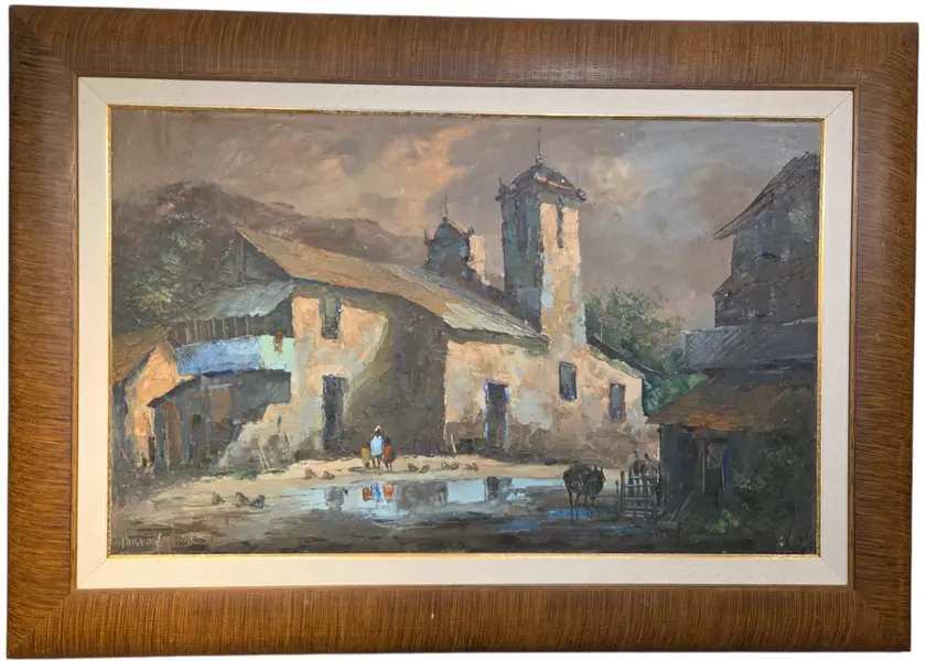 Foto de um(a) Quadro Pintura Reflexos do Tempo: Vilarejo em Óleo - Pablo Matania, da categoria de Pinturas. Grande artista argentino. Esta belíssima obra de Pablo Matania captura a essência da vida rural com uma sensibilidade única.... Mostrado de uma perspectiva diferente. Vendido no marketplace Trésors.