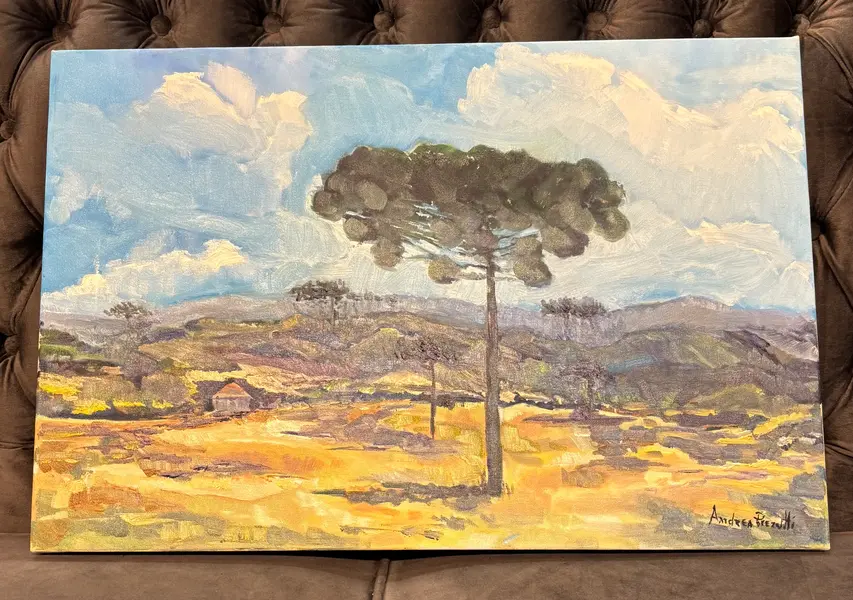 Foto de um(a) Andrea Prezutti - Araucárias, da categoria de Pinturas. Óleo sobre tela da grande artista paranaense Andrea Prezutti, natural de Jacarezinho. Mostrado de uma perspectiva diferente. Vendido no marketplace Trésors.