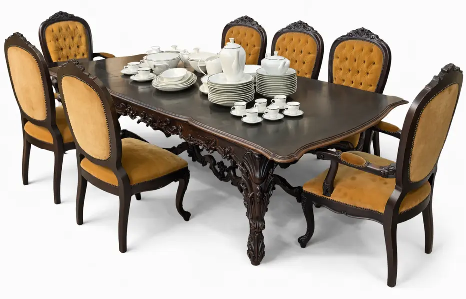 Foto de um(a) Jogo de jantar antigo em Imbuia maciça entalhada – mesa com 6 cadeiras e 2 poltronas, da categoria de Conjunto de mesas e cadeiras. ** LOUÇAS NÃO INCLUSAS ** Magnífico jogo de jantar antigo, confeccionado em imbuia maciça entalhada, madeira nobre... Vendido no marketplace Trésors.