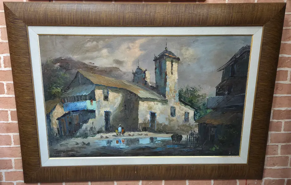 Foto de um(a) Reflexos do Tempo: Vilarejo em Óleo - Pablo Matania, da categoria de Pinturas. Grande artista argentino. Esta belíssima obra de Pablo Matania captura a essência da vida rural com uma sensibilidade única.... Mostrado de uma perspectiva diferente. Vendido no marketplace Trésors.